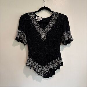Laurence Kazar Vintage Heavily Beaded top blouse black silver 100% silk
